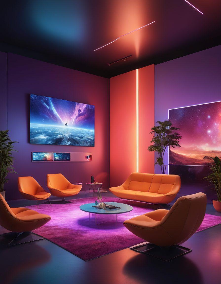 A futuristic adult space showcasing interactive multimedia design, including immersive screens, holographic displays, and comfortable seating arrangements. The environment should promote relaxation and social interaction, featuring vibrant colors and contemporary decor. Include subtle lighting to create an inviting atmosphere. Emphasize technology integration, with users engaged in interactive experiences. super-realistic. vibrant colors. contemporary design.