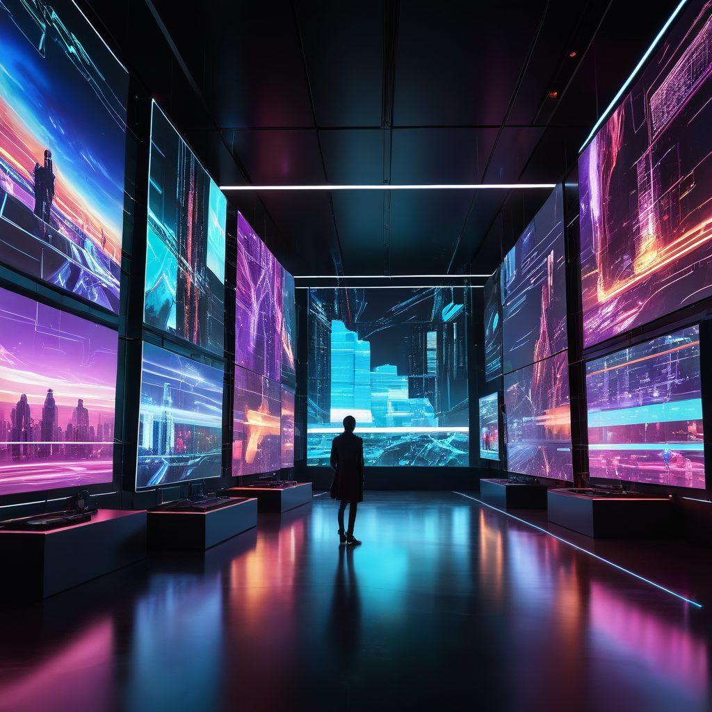 A futuristic digital landscape featuring innovative web technologies, with holographic displays showcasing engaging erotic media. Include abstract elements symbolizing connectivity and interactivity, like glowing circuits and playful shapes. The scene should exude a sense of modernity and sophistication with a hint of sensuality. Use vibrant colors to enhance the visual appeal. cyberpunk. super-realistic.