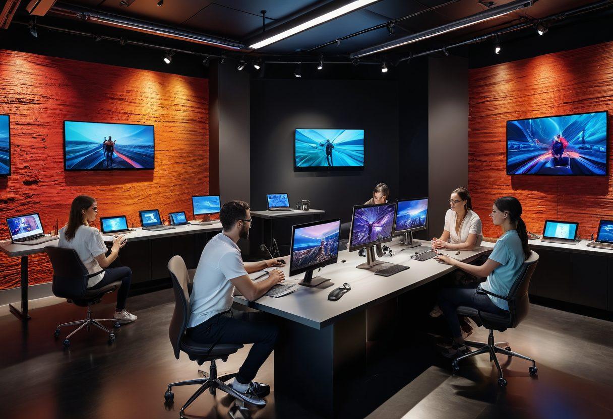 An artistic portrayal of a diverse group of creators passionately collaborating in a modern digital studio, surrounded by screens displaying sensual art and engaging media concepts. The environment buzzes with vibrant colors, showcasing tools like tablets and VR headsets. Subtle representations of innovation and intimacy are woven throughout, creating an appealing, immersive atmosphere. super-realistic. vibrant colors. contemporary style.